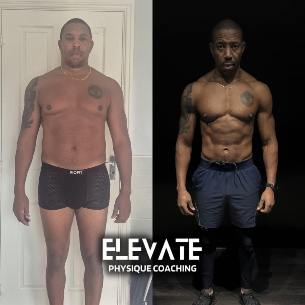 Before and after physique transformation — Elevate Physique Coaching client result 1